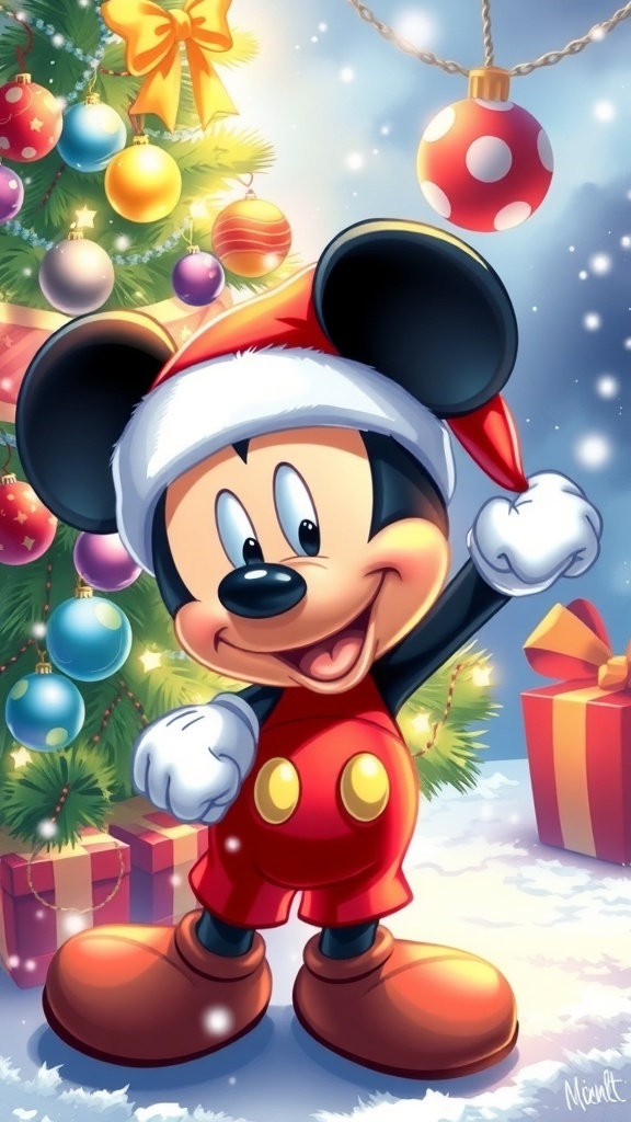 Mickey Mouse Christmas Drawing Ideas Mickey Mouse in a Santa hat with Christmas decorations and a tree.